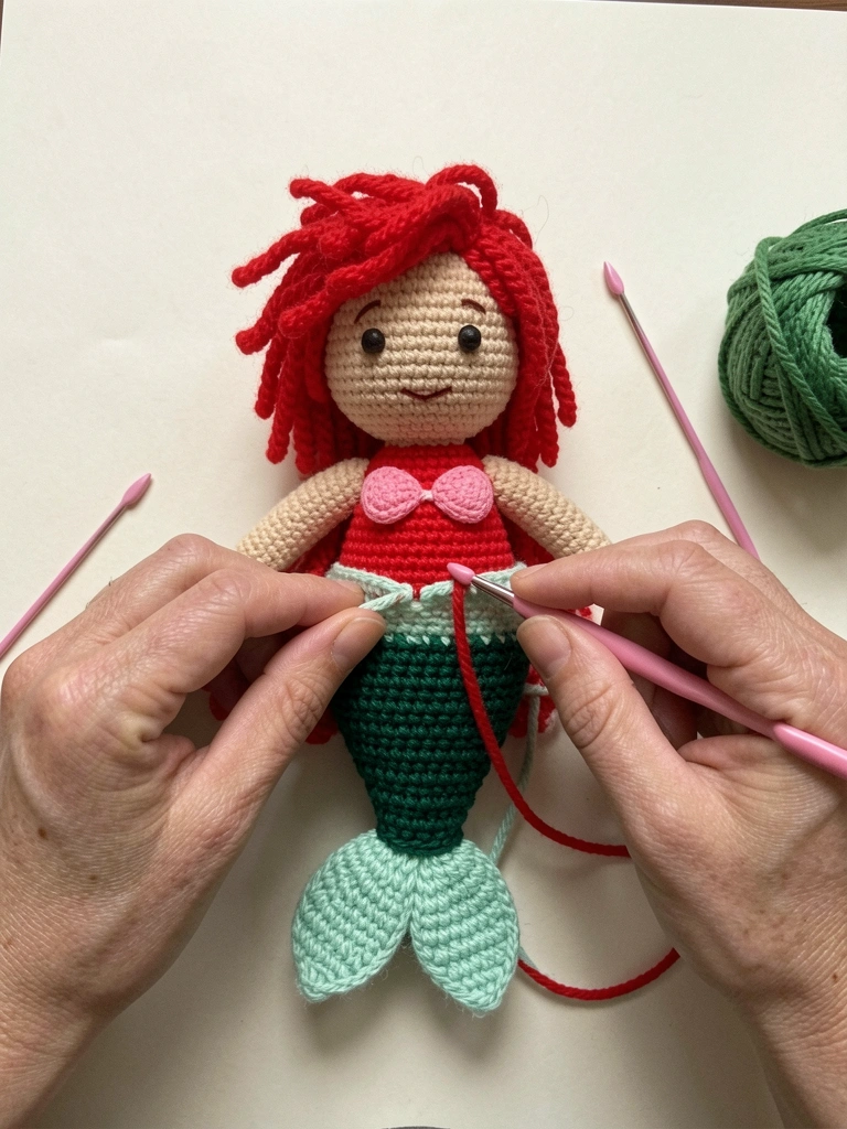 Mãos tecendo amigurumi com agulha e fio de algodão colorido