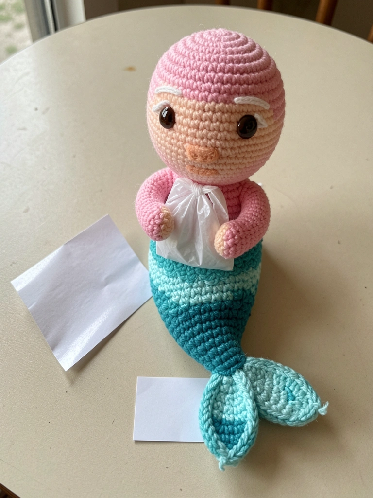 Sereia amigurumi de crochê com cabelos verdes e cauda azul, sentada em uma superfície clara, com luz suave ao fundo.