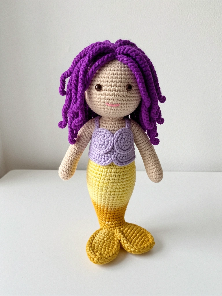 Amigurumi de sereia em tons pastel com cauda em crochê, cercado por fios de lã e agulhas sobre uma mesa de madeira.