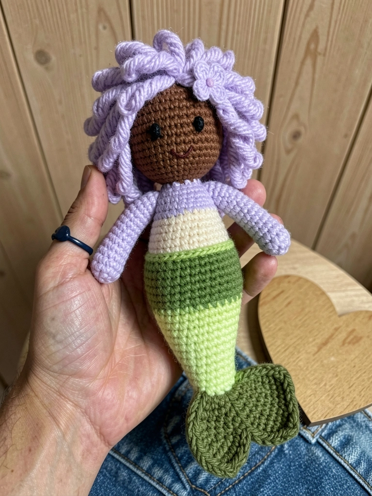 Sereia amigurumi de crochê com cauda em tons de verde e rosa, sentada em uma superfície clara