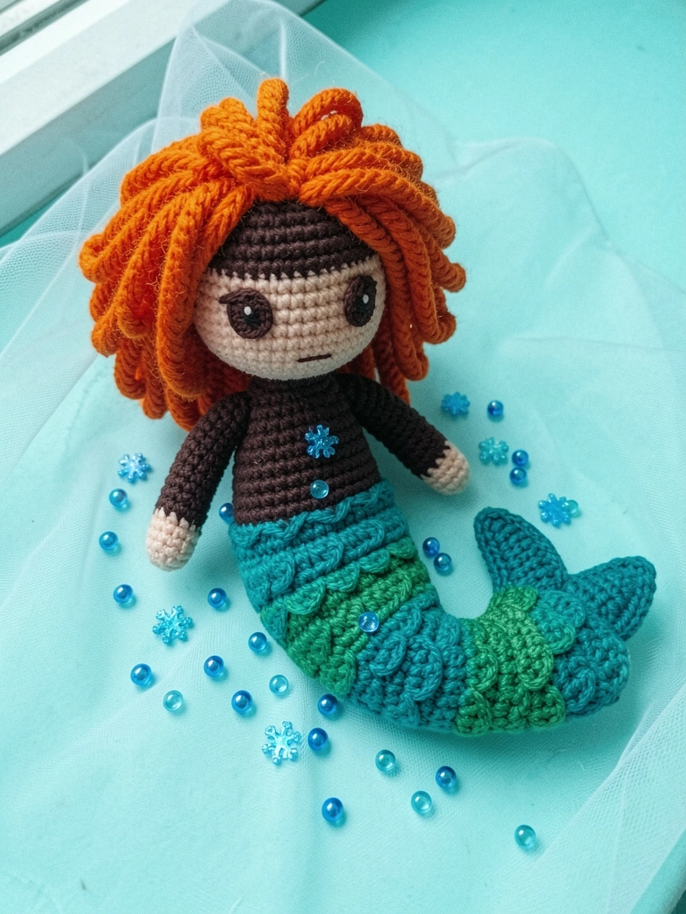 Sereia amigurumi de crochê com cabelos longos e cauda colorida, apoiada sobre uma mesa de madeira clara