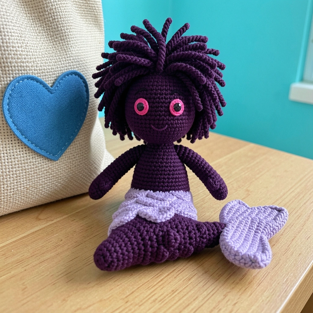 Sereia amigurumi de crochê com cabelos ruivos e cauda verde, sentada em uma superfície de madeira clara, com luz natural suave ao fundo.