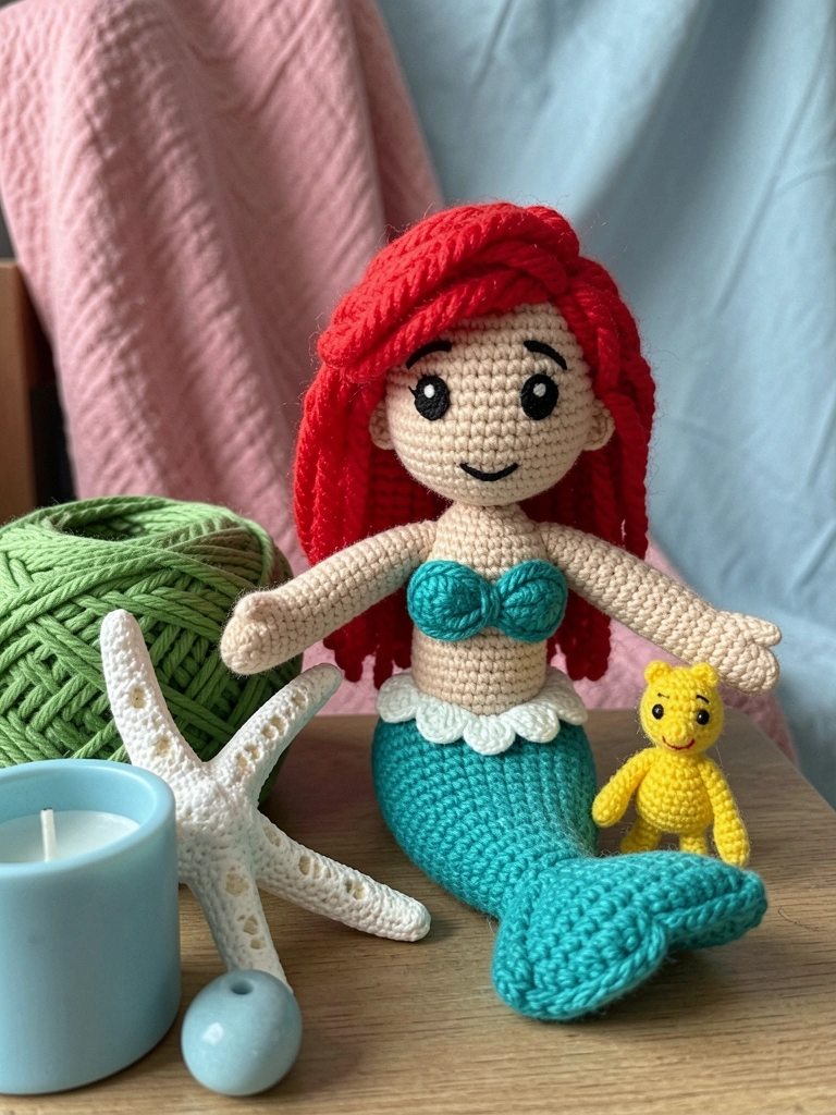 Sereia amigurumi em crochê com tons de verde e rosa, cauda curvada, olhos de segurança, sentada sobre uma superfície clara.