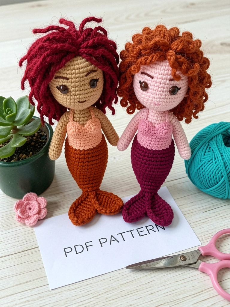 Sereia amigurumi em crochê com cabelos longos e cauda colorida, apoiada sobre uma mesa de madeira.