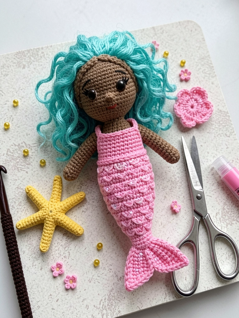 Sereia amigurumi de crochê com cabelos vermelhos e cauda verde, sentada sobre uma mesa de madeira clara, com luz natural suave ao fundo.