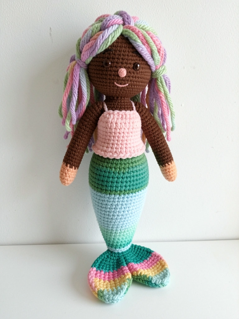 Sereia amigurumi de crochê com tons de verde e roxo, cauda curvada, sentada em uma superfície de madeira clara.