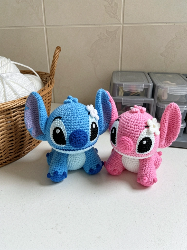 Stitch amigurumi azul com orelhas grandes, rodeado por novelos de linha e agulhas de crochê sobre uma mesa de madeira
