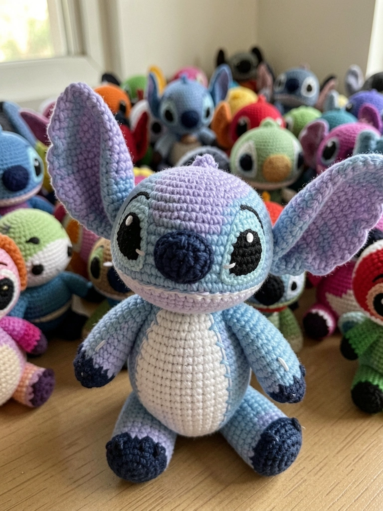 Bonecos amigurumi coloridos em crochê, dispostos em uma superfície clara