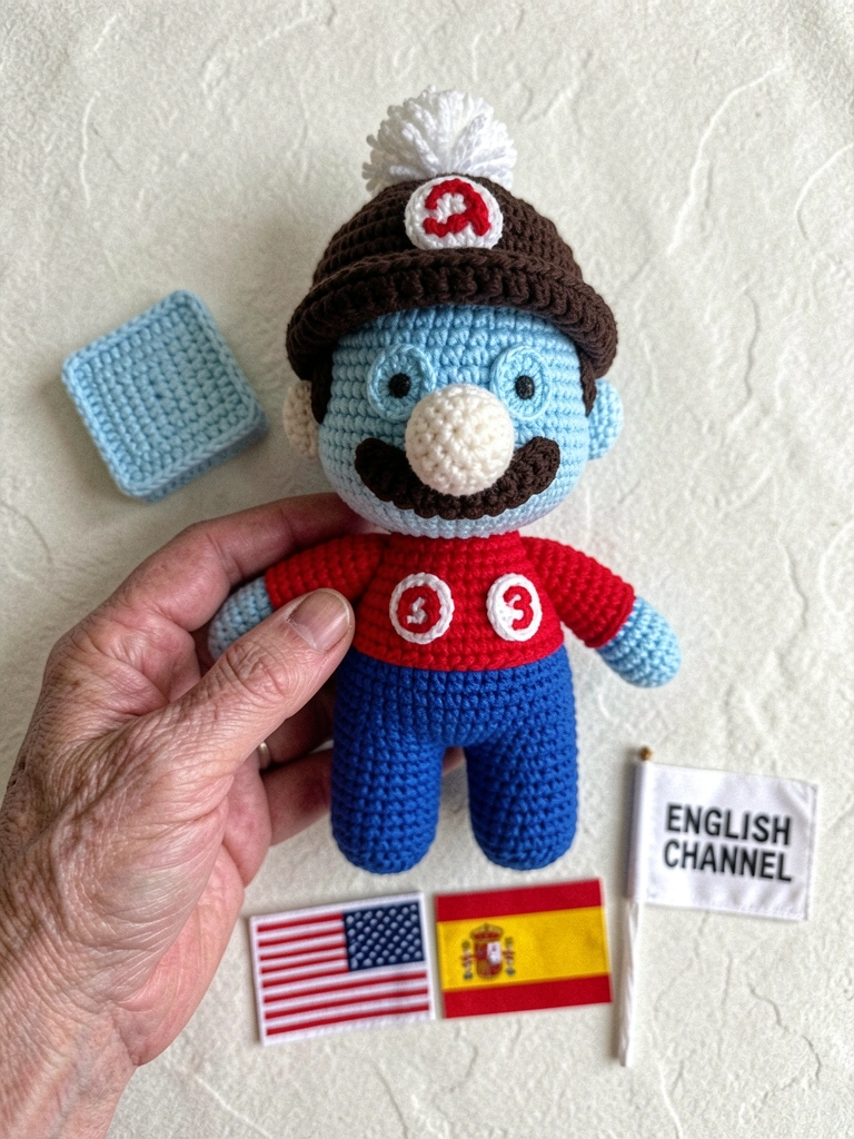 Boneco de crochê do Super Mario em tons de vermelho e azul, com fundo neutro