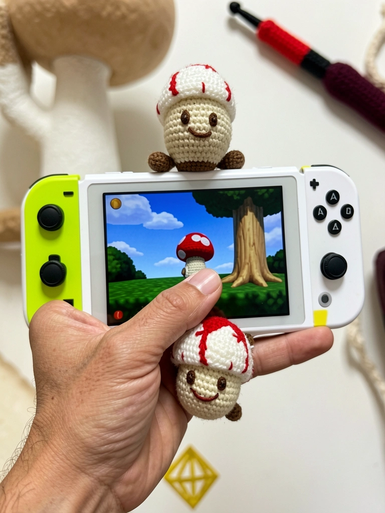 Amigurumi do Super Mario em crochê, com macacão azul e boné vermelho, sobre fundo neutro.