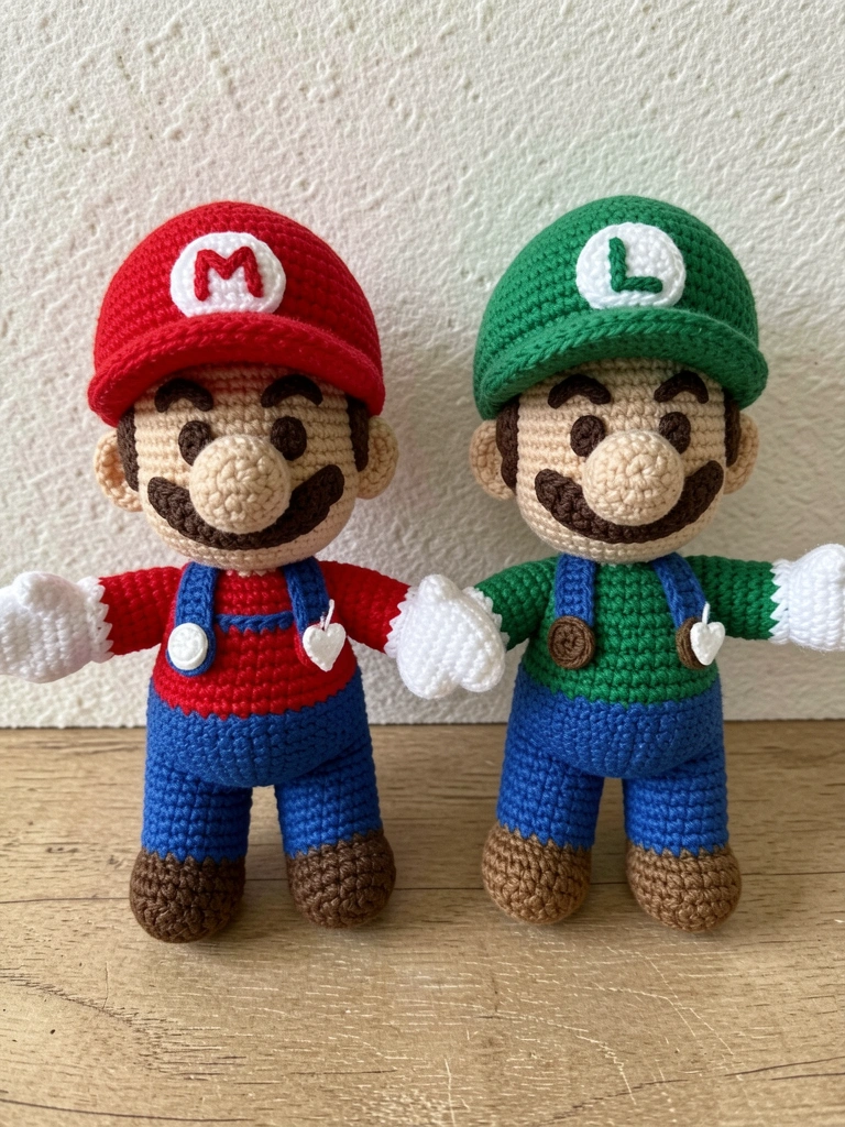Amigurumi do Super Mario em crochê, com macacão azul e boné vermelho, sobre fundo neutro.