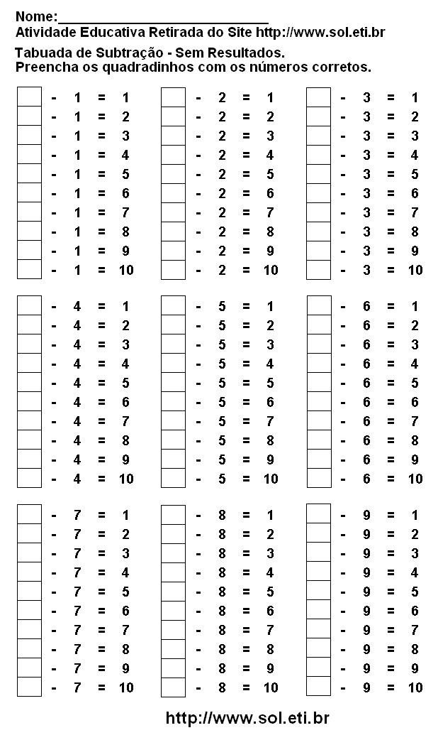 exercícios de subtração para imprimir
