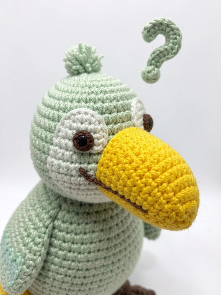 Tucano amigurumi sorridente com ponto de interrogação acima