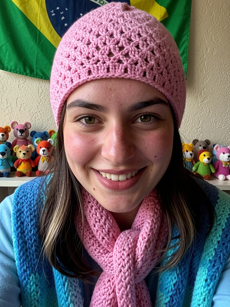 Bonecos amigurumi de crochê em cores variadas com bandeira do Brasil ao fundo