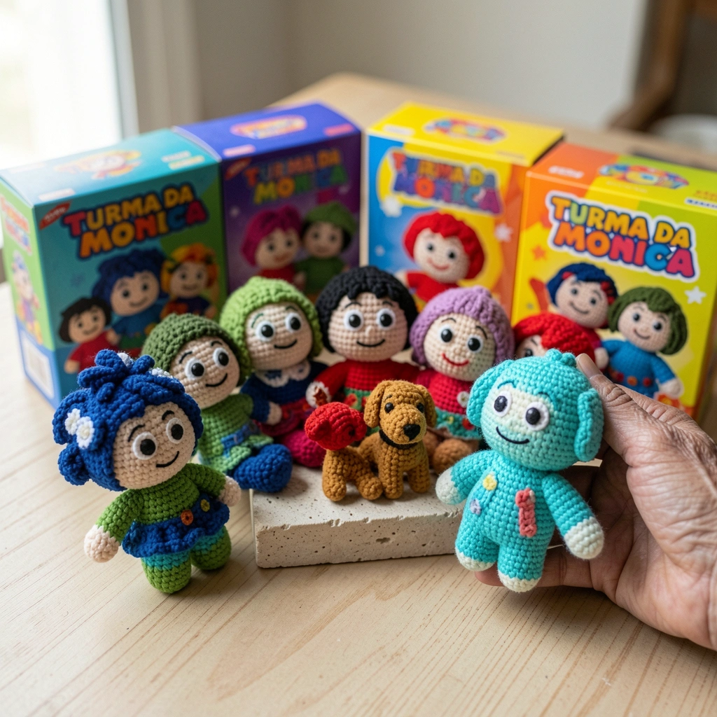 Caixas coloridas de kits de amigurumi com personagens em fio ao redor