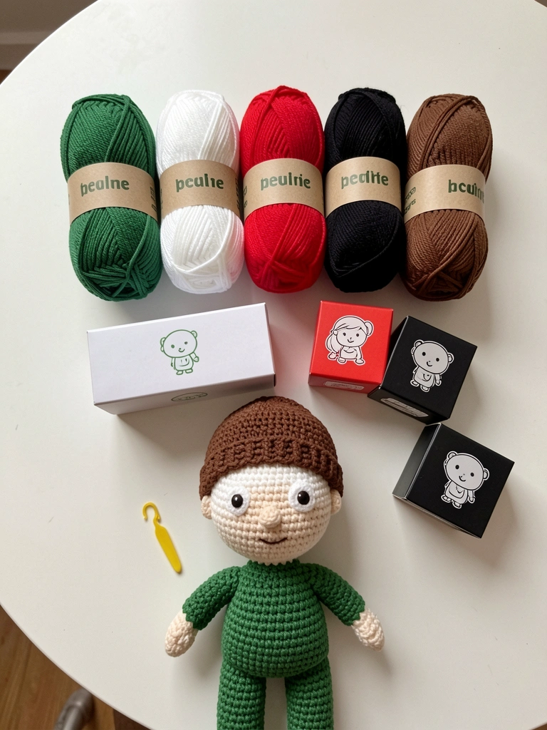 Kit aberto com novelos coloridos e acessórios de amigurumi sobre mesa de madeira