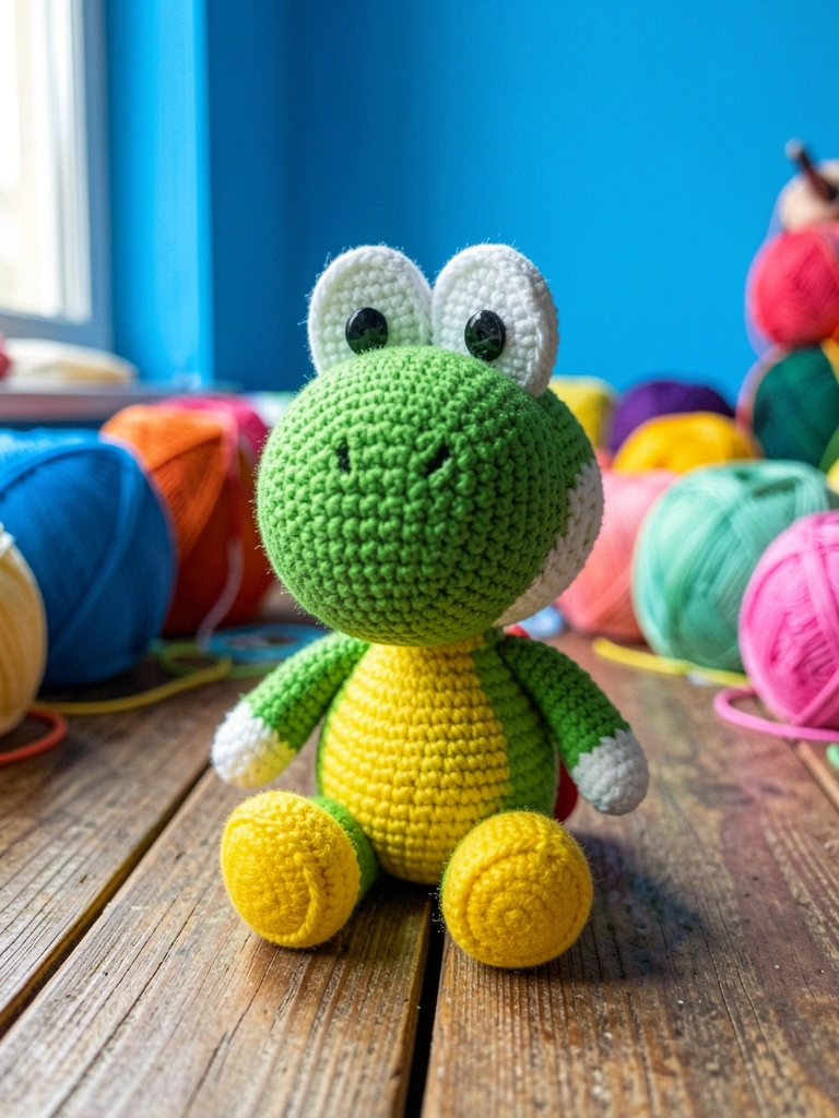 Boneco de crochê verde no formato do personagem Yoshi, exibido contra um fundo colorido.