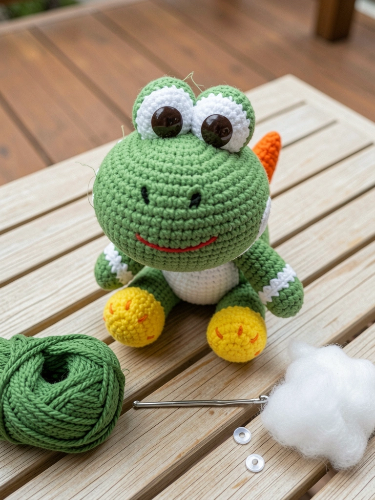 Mesa de trabalho com fios verdes, agulha de crochê, enchimento e olhos de segurança para amigurumi